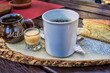 granitz, deutschland - tasse kaffee mit käsekuchen und eierlikör