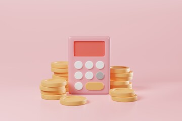 Minimal style math financial calculator with stacking coins on pink background. Business investment budget balance, income tax, economy analysis, money savings, accounting work concept. 3d rendering