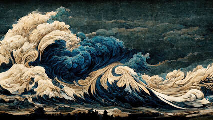 Wall Mural - great wave in ocean water as japanese vintage style illustration