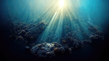 Sun Light Shining At Deep Under Water Abyss In Ocean