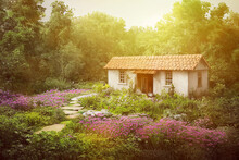 Small House In Garden With Many Flowers As Summerhouse