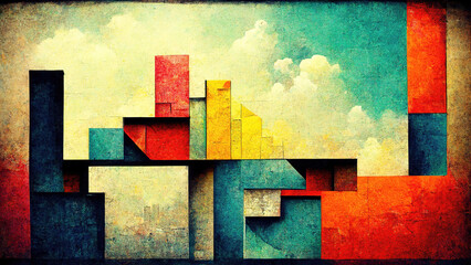 Wall Mural - abstract cubist geometry with sky and clouds as wallpaper