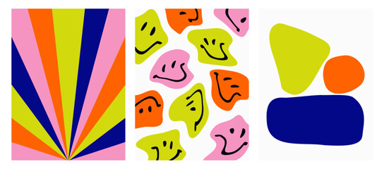 Wall Mural - set of retro backgrounds. vector colorful posters in the style of the 80s. abstract shapes, smiling 