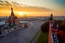 Red Square In Moscow With St Basils Cathedral Temple. Panoramic View From Kremlin Wall And Tower