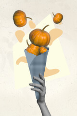 Sticker - Vertical creative photo collage illustration of hand hold checked rolled paper gather harvest pumpkins isolated on pastel color background