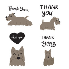 Wall Mural - Set of Scottish Terriers with  phrase - Thank you. Hand drawn vector illustrations.
