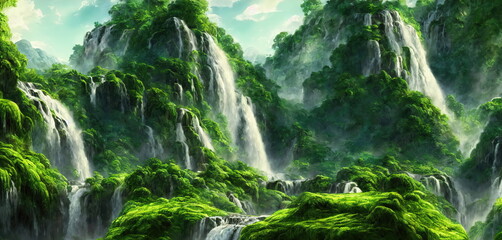 Fototapete - Large wide cascading waterfall in the forest, water flows down the mountainside. 3d illustration