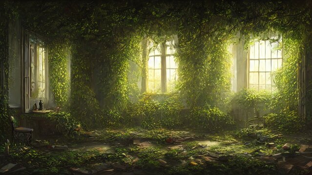 Fototapete - Windows of empty abandoned house palace overgrown with vegetation, ivy and vines from inside. Magical fabulous house windows in room. Building is captured by nature and vegetation. 3d illustration
