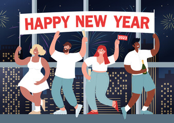 Wall Mural - Diverse people are holding a New Year 2023 banner. They are drinking champagne and having fun against the backdrop of a window with a view of the city with fireworks. Vector flat illustration.