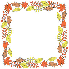 Wall Mural - Square colorful frame, border made of colorful autumn leaves hand drawn in doodle flat style. Theme is forest, nature, happy fall, thanksgiving