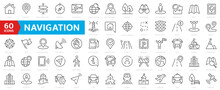 Navigation And Location Icons Set. Map Pointer, Location, Map, GPS, Route, Compass Simple Line Icon Symbol. Outline Icons Collection.