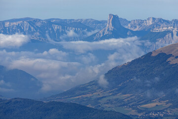 Poster - Clouds in Vercors mounatin range landscape with Mont Aiguille summit