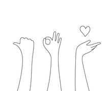 Gesture Hands Set On Doodle Style. Human Hands Sketch, Scribble Arms On White Background, Thumb Up Gesture Silhouette, Vector Illustration