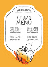 Autumn Fall Menu, Template For Cafe Or Restaurant. Yellow Watercolor Pumpkin On Bright  Yellow Background, Banner For Cafe