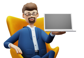 The concept of distance work, study and communication in comfortable conditions at home. Cartoon character sits is resting in a chair and watching a video on a laptop.