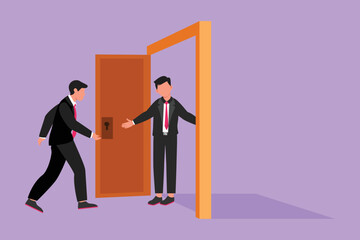 Wall Mural - Character flat drawing businessman at the door welcomes his friend in. Male manager is inviting his friend to get into his house. Hospitality or friendship concept. Cartoon design vector illustration