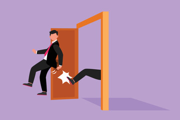 Wall Mural - Cartoon flat character drawing of young businessman get kicked out of door. Dismissed from job. Unemployment business concept. Boss kicks unnecessary employee. Graphic style design vector illustration