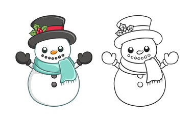 Sticker - Cute snow man wearing a top hat with mistletoe and scarf outline and colored doodle cartoon illustration set. Winter Christmas theme coloring book page activity for kids and adults.