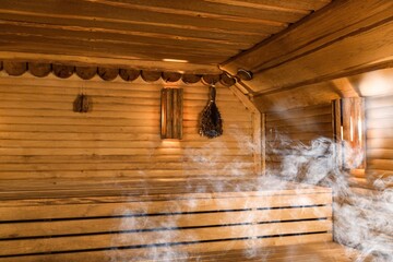 Wall Mural - Interior of wooden sauna with hot white smoke steam.