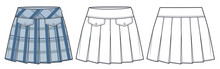 Pleated Skirt Technical Fashion Illustration, Plaid Skirt Design. Mini Skirt Fashion Flat Drawing Template, Pleated, Pockets, Side Zip Up, Front, Back View, White, Blue, CAD Mockup Set.