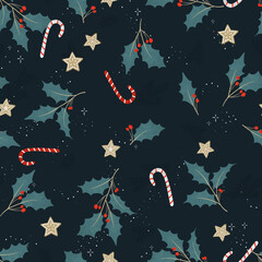 Wall Mural - Lovely hand drawn seamless christmas pattern with branches and decoration, great for banners, wallpapers, cards - vector design