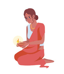 Canvas Print - Young woman with oil lamp on Diwali semi flat color vector character. Editable figure. Full body person on white. Indian culture simple cartoon style illustration for web graphic design and animation