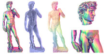 Set of Iridescent Sculpture of David by Michelangelo and parts of it. Detailed very high resolution with full transparency. Colorful 3D abstract illustration