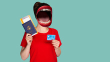 Contemporary Art Collage. Composition With Young Woman Headed Of Female Mouth In Red Dress Showing Credit Card And Air Ticket On Blue Background