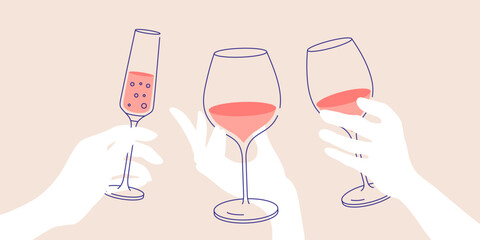 Wall Mural - Outline drawing, cheers. Women’s hand holding glass of white, red and sparkling wine. Flat illustration for greeting cards, postcards, invitations, menu design. Line art template