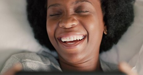 Poster - Black woman in bed with phone, laugh on video call or streaming comedy. Technology, internet and social media in the morning, happy lady lazy in bedroom and surfing the internet for funny videos.