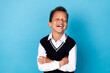 © deagreez - Photo of excited funky small boy wear black waistcoat laughing arms crossed isolated blue color background