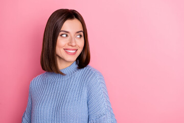 Wall Mural - photo of stunning satisfied young lady toothy beaming smile look empty space isolated on pink color 