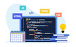 Web development and coding. programming languages. CSS, HTML, JS. program code on screen laptop. vector illustration.