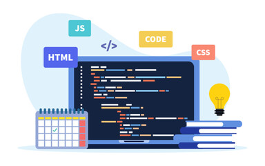 web development and coding. programming languages. css, html, js. program code on screen laptop. vec