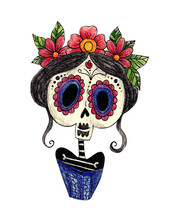 Girl In Traditional Costume On The Day Of All The Dead. Mexico. Doodle Drawing With Watercolor Pencils. For Printing Postcards, Stickers, Prints, Posters. Children's Book Illustration.