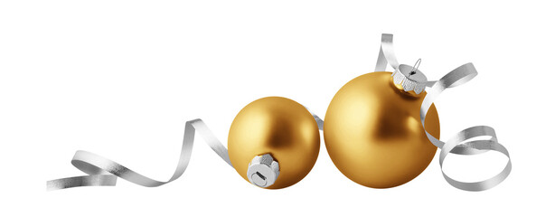 Christmas balls isolated on white background. Two gold christmas ornaments with silver ribbon