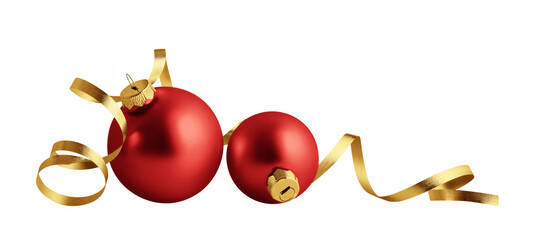 christmas ornaments isolated on white background. two red christmas balls with gold ribbon