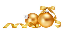 Christmas Balls Isolated On White Background. Two Gold Christmas Ornaments With Ribbon