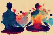 Watercolor Artwork Of Yoga Poses. Concept Of A Healthy Lifestyle, Wellness.