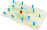 Fototapeta Mapy - Image of multiple blue map pins and single red map pin stuck into street map