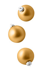 christmas ornaments isolated on white background. set of three falling gold christmas balls