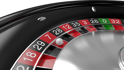 Poster - Image of ball on red seven in black roulette wheel