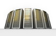 Image of a group of tall, grey and yellow computer server towers