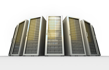 Wall Mural - image of a group of tall, grey and yellow computer server towers
