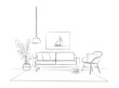 © Marina by - Interior design with modern living room in black sketch line on white background, vector, illustration