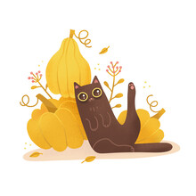 Cartoon Black Cat Sitting With Pumpkins. Funny Kitty With Big Yellow Eyes Sits Near A Big Pumpkin. Isolayed Concept With Autumn Leaves And Leaf Fall. Flat Raster Textured Hand Drawn Png Illustration.