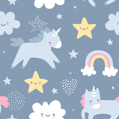 Wall Mural - Cute night dream pattern with sleeping unicorns. Seamless vector print for girls pajamas and bedding.