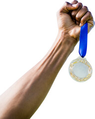 Wall Mural - Image of hand of african american man holding silver medal with blue ribbon