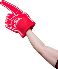 Wall Mural - Image of hand of caucasian man with giant red foam finger pointing up