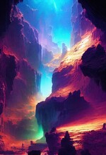 Vertical AI-generated Realistic Artwork Of An Underground Cavern With Abstract Surreal Colors